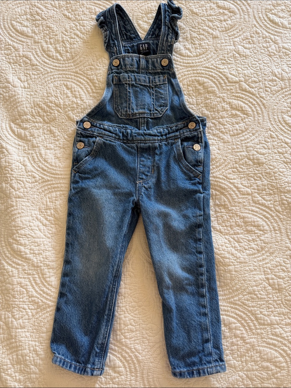 GAP Denim Ruffle Overall Pants in Classic Blue 2T